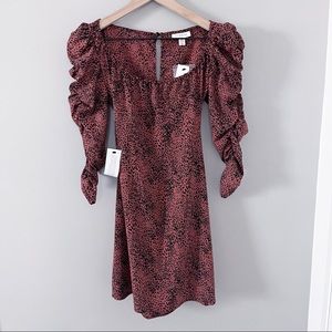 NWT topshop ruched sleeve mini tea dress in brown animal print